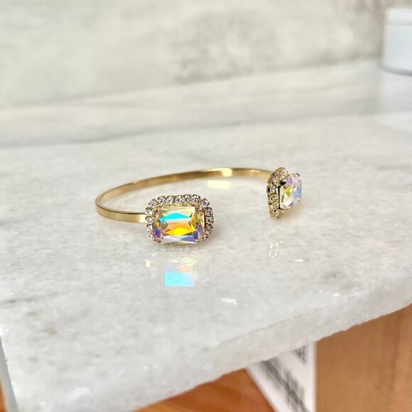 Handcrafted Sparkling Iridescent Octagon Crystal Rivoli Rhinestone Cuff Bracelet - Picture 8 of 8